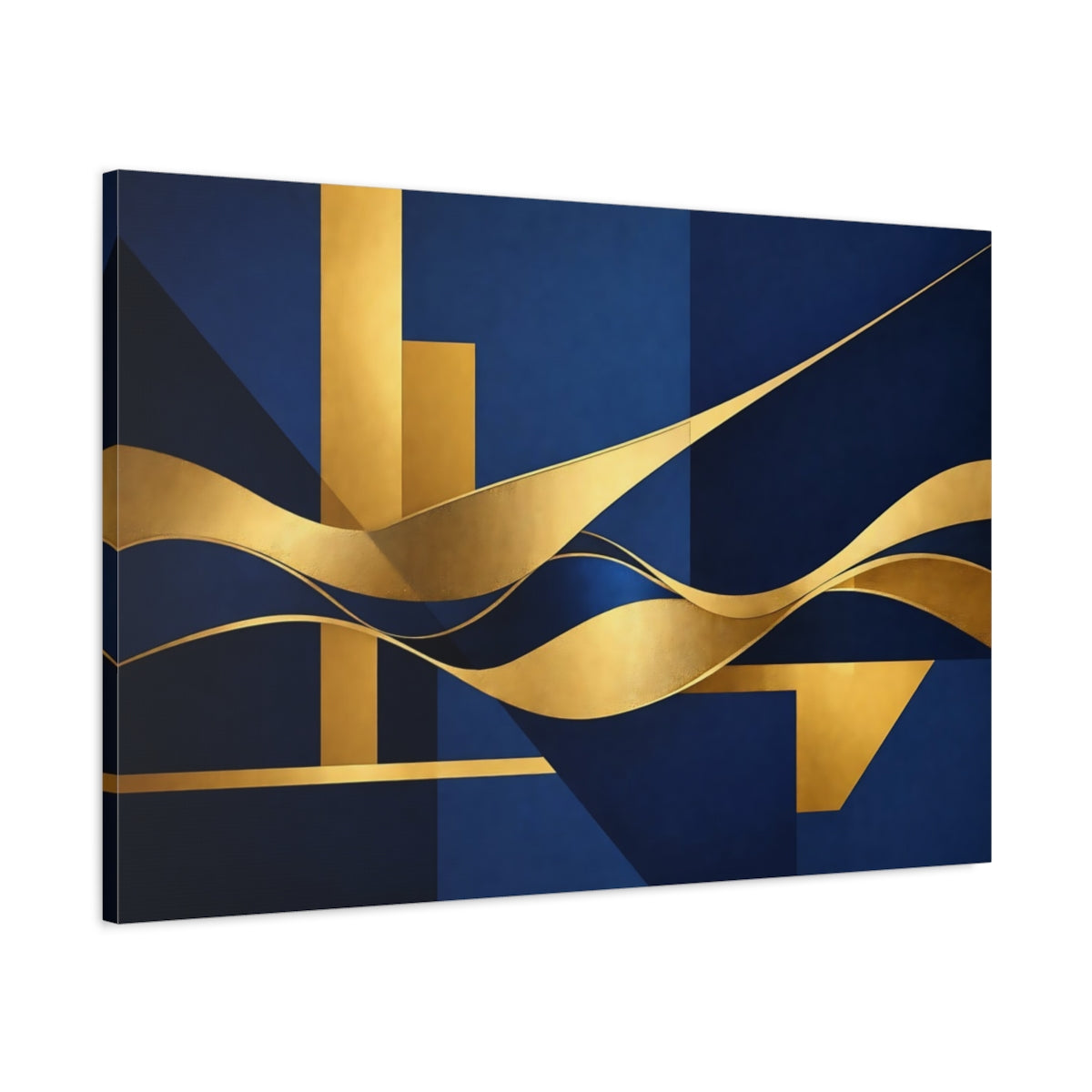 Side Mockup 1. Abstract Geometric Waves Blue And Gold shown as stretched canvas wall art