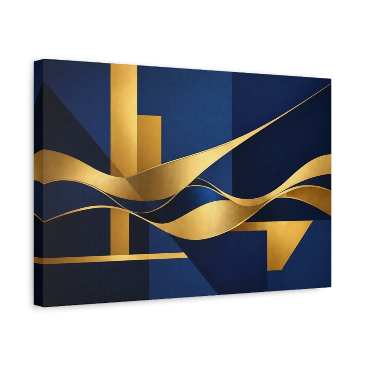 Side Mockup 4. Abstract Geometric Waves Blue And Gold shown as stretched canvas wall art
