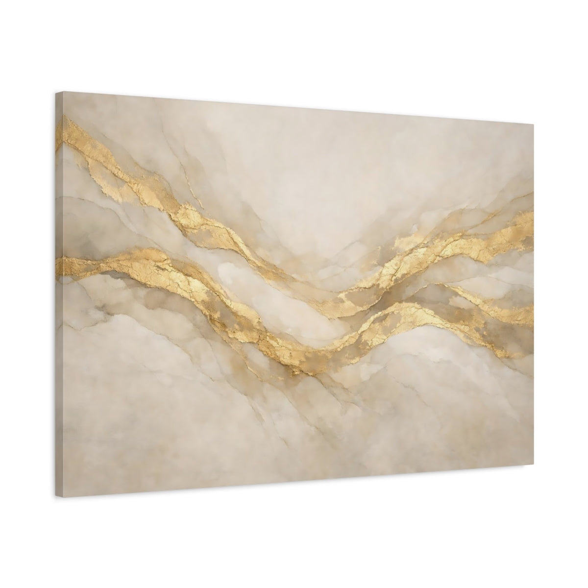 Side Mockup 1. Abstract Gold Veins Gold And Beige Abstract shown as stretched canvas wall art