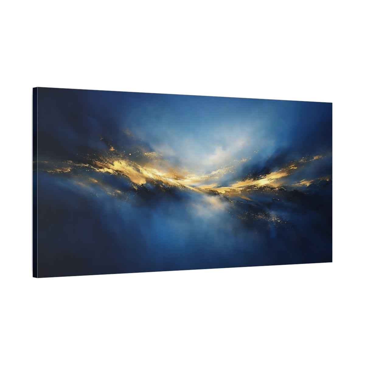 Side Mockup 1. Abstract Golden Light Blue And Gold Abstract shown as stretched canvas wall art