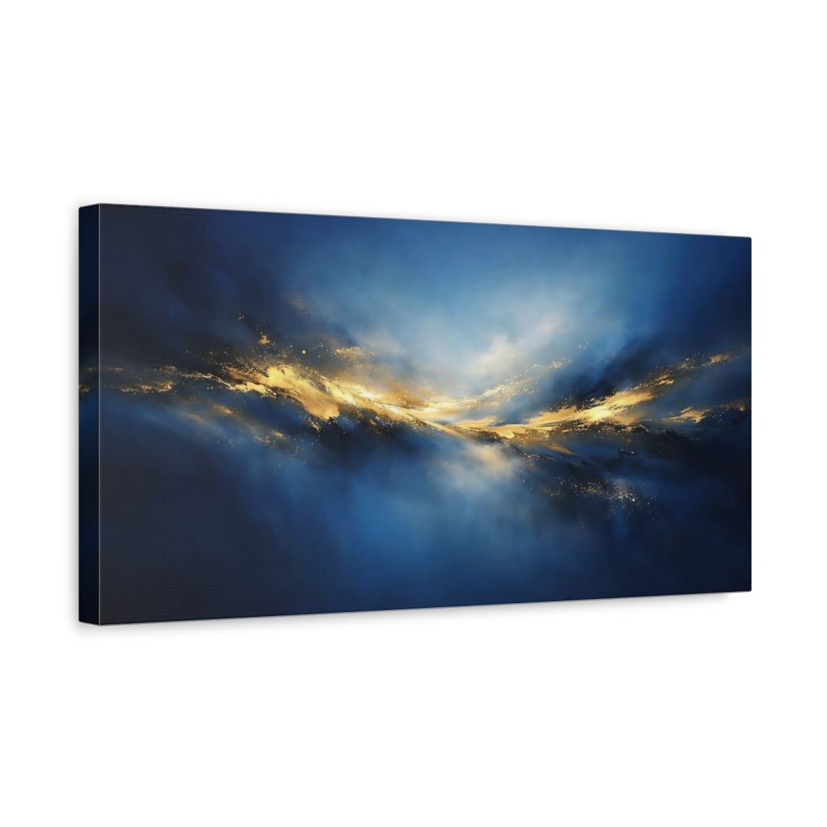 Side Mockup 3. Abstract Golden Light Blue And Gold Abstract shown as stretched canvas wall art