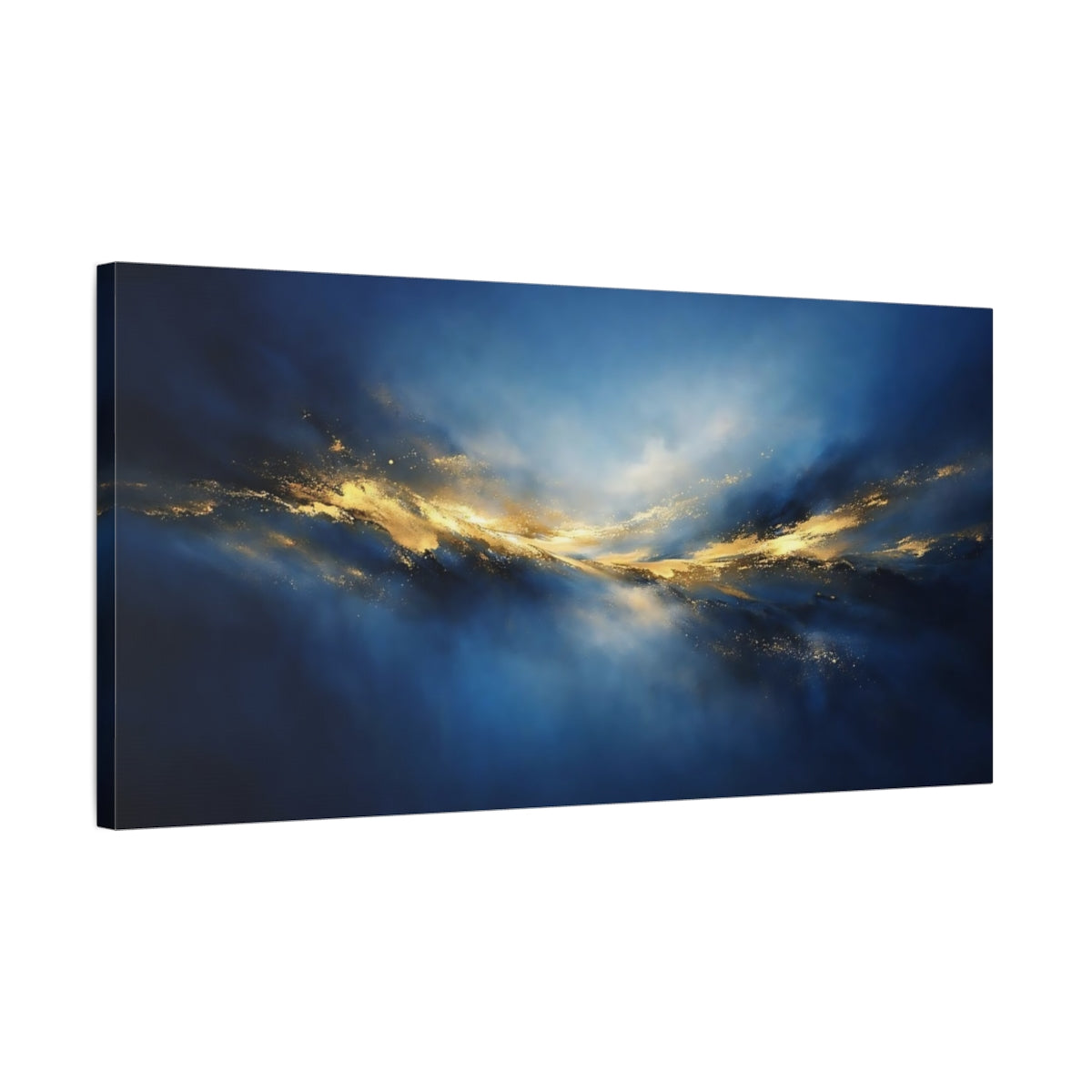 Side Mockup 2. Abstract Golden Light Blue And Gold Abstract shown as stretched canvas wall art