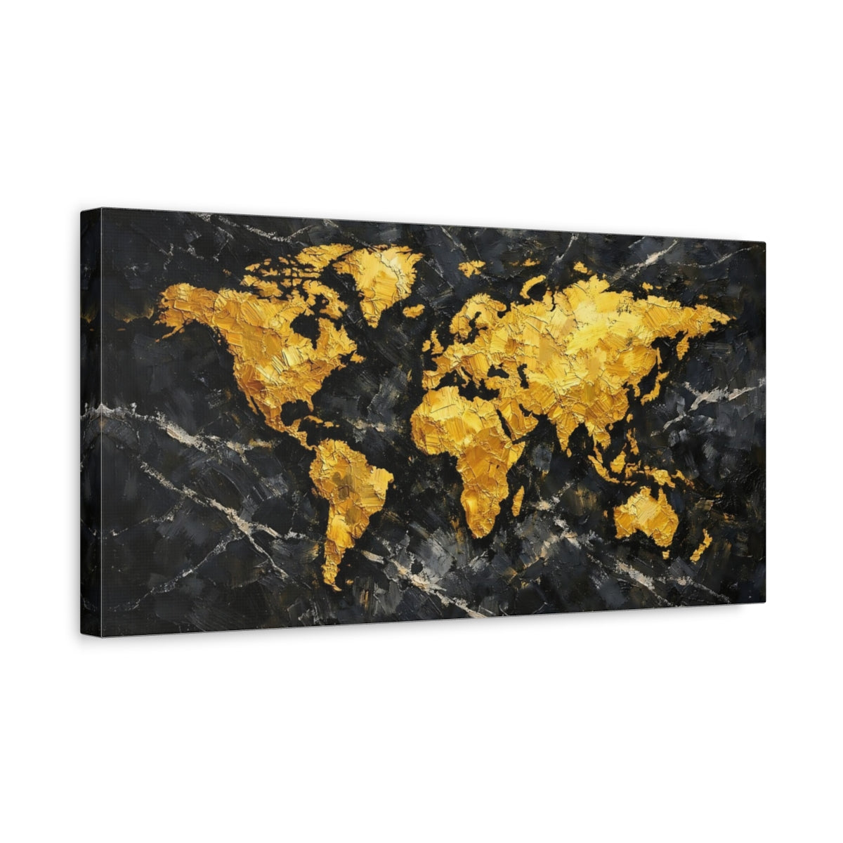 Side Mockup 3. Maps World Map Gold Black World Map shown as stretched canvas wall art