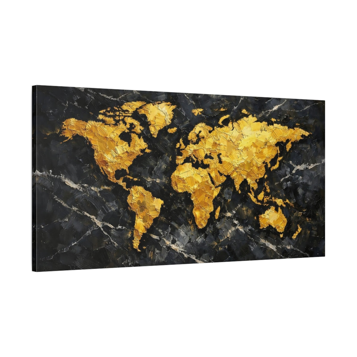 Side Mockup 1. Maps World Map Gold Black World Map shown as stretched canvas wall art