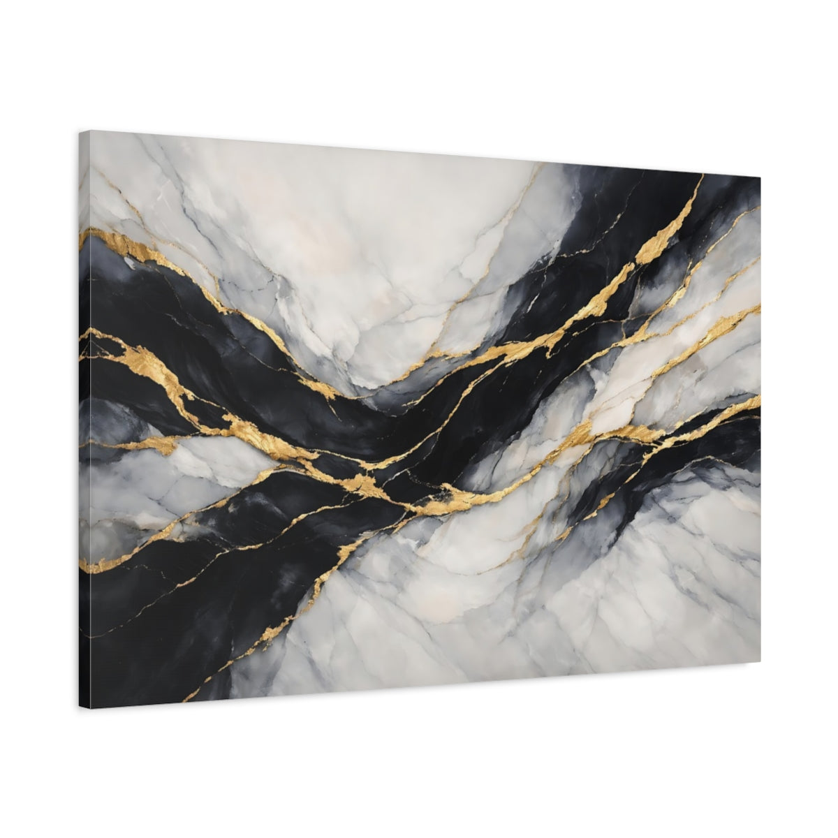 Side Mockup 1. Abstract Marble Black Gold Marble shown as stretched canvas wall art