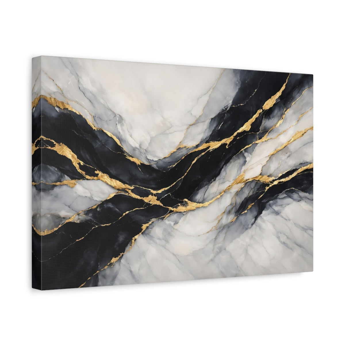 Side Mockup 4. Abstract Marble Black Gold Marble shown as stretched canvas wall art