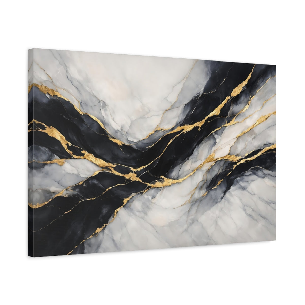 Side Mockup 2. Abstract Marble Black Gold Marble shown as stretched canvas wall art