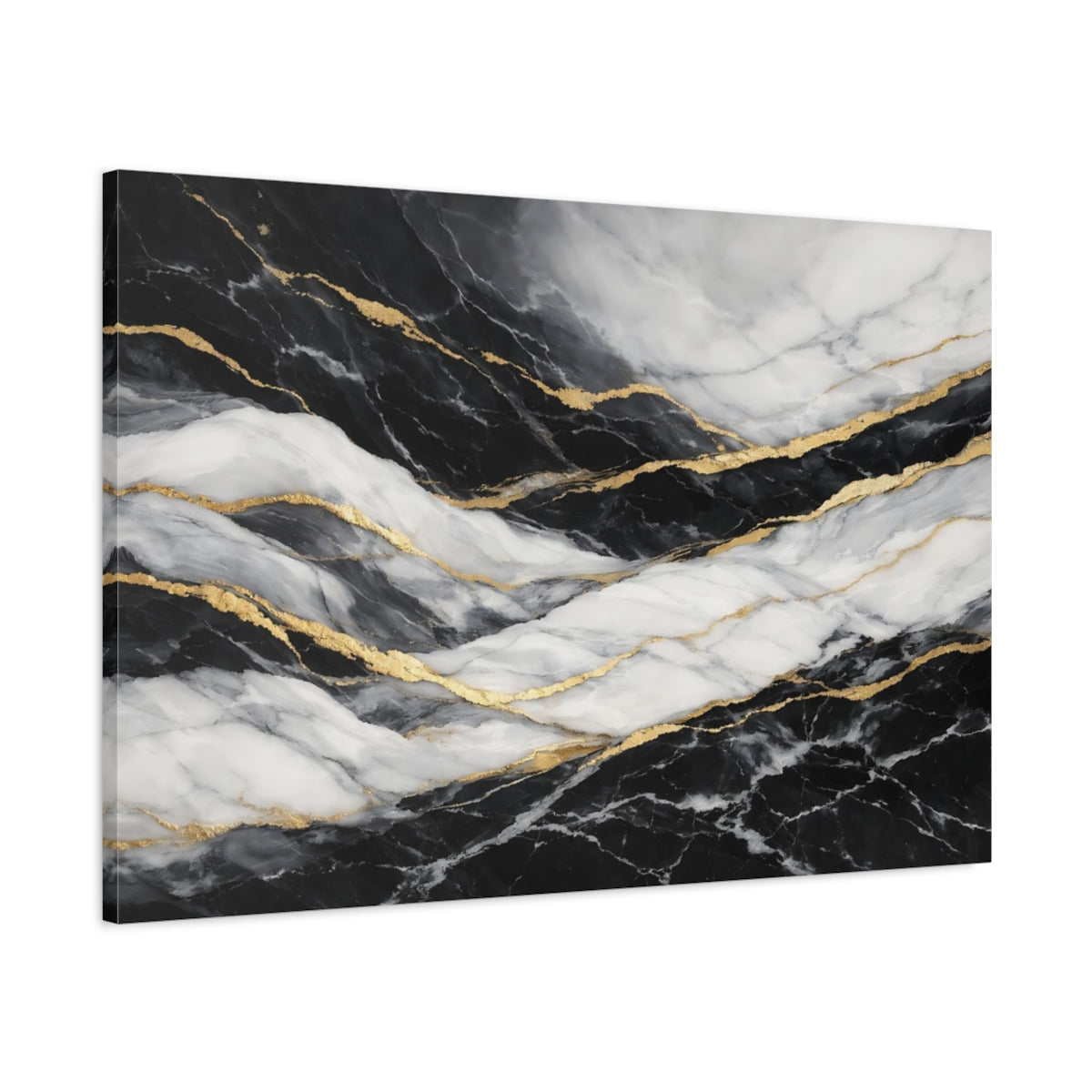 Side Mockup 1. Abstract Marble Pattern Black Gold Marble shown as stretched canvas wall art