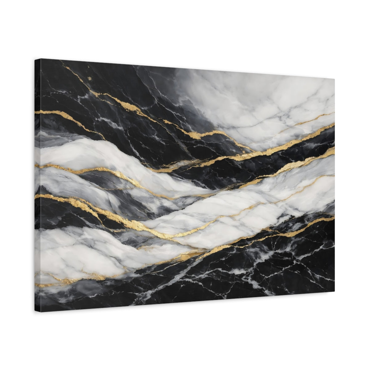 Side Mockup 2. Abstract Marble Pattern Black Gold Marble shown as stretched canvas wall art