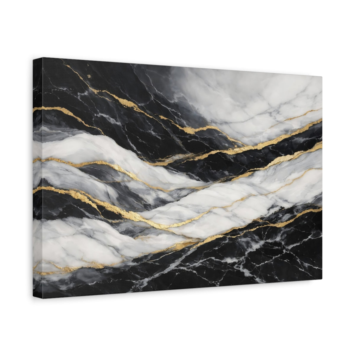 Side Mockup 4. Abstract Marble Pattern Black Gold Marble shown as stretched canvas wall art
