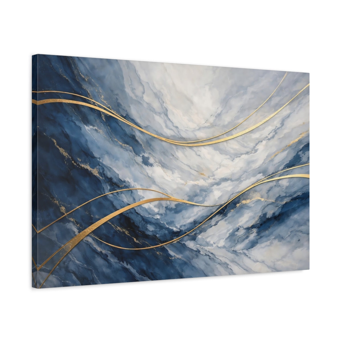 Side Mockup 2. Abstract Marble Texture Blue And Gold shown as stretched canvas wall art