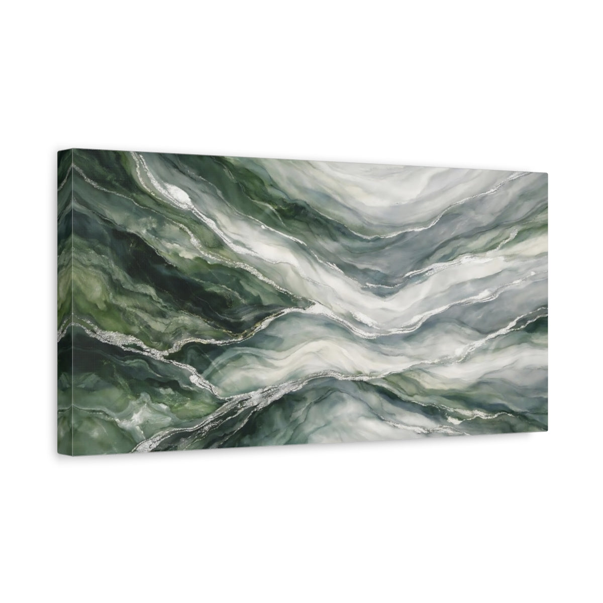 Side Mockup 3. Abstract Marble Texture Green Marble shown as stretched canvas wall art