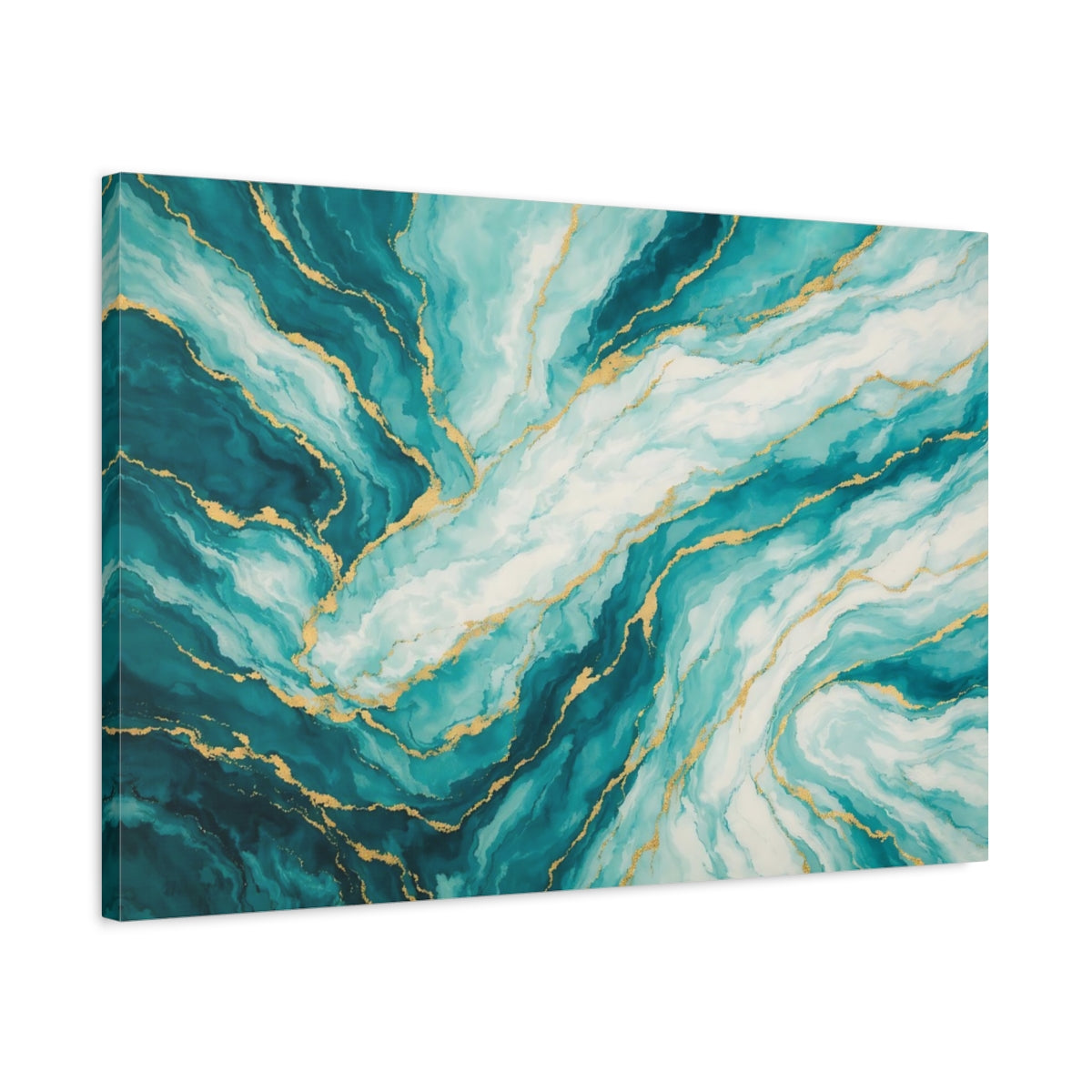 Side Mockup 2. Abstract Marble Texture Teal And Gold shown as stretched canvas wall art