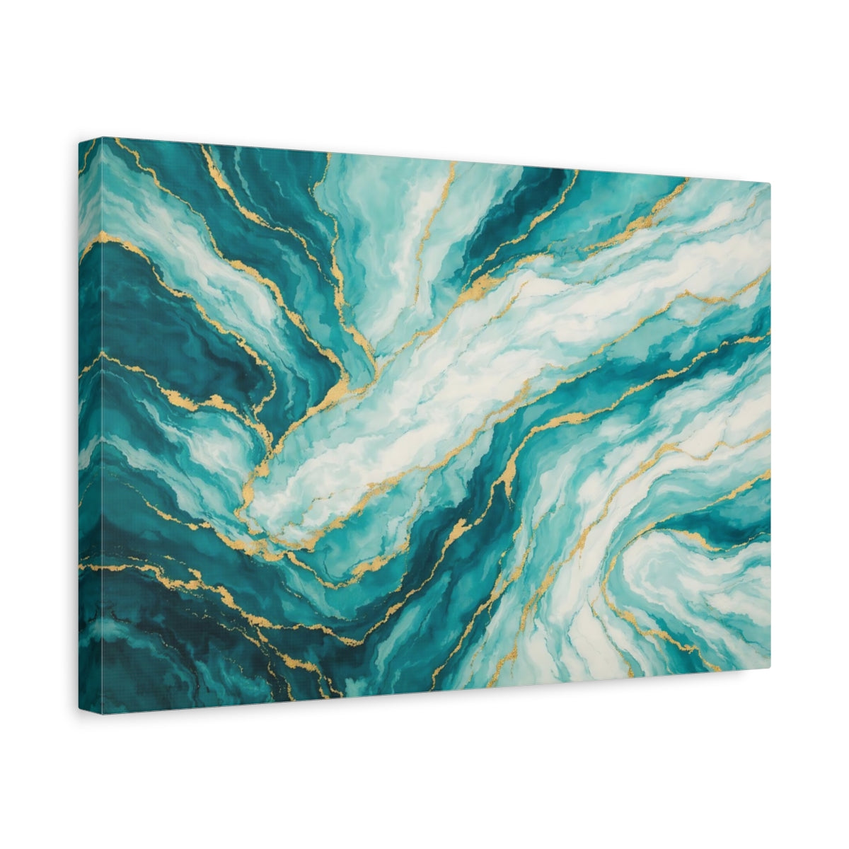 Side Mockup 4. Abstract Marble Texture Teal And Gold shown as stretched canvas wall art