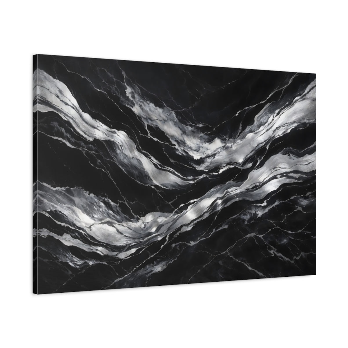 Side Mockup 1. Abstract Marble Veins Black And Silver shown as stretched canvas wall art