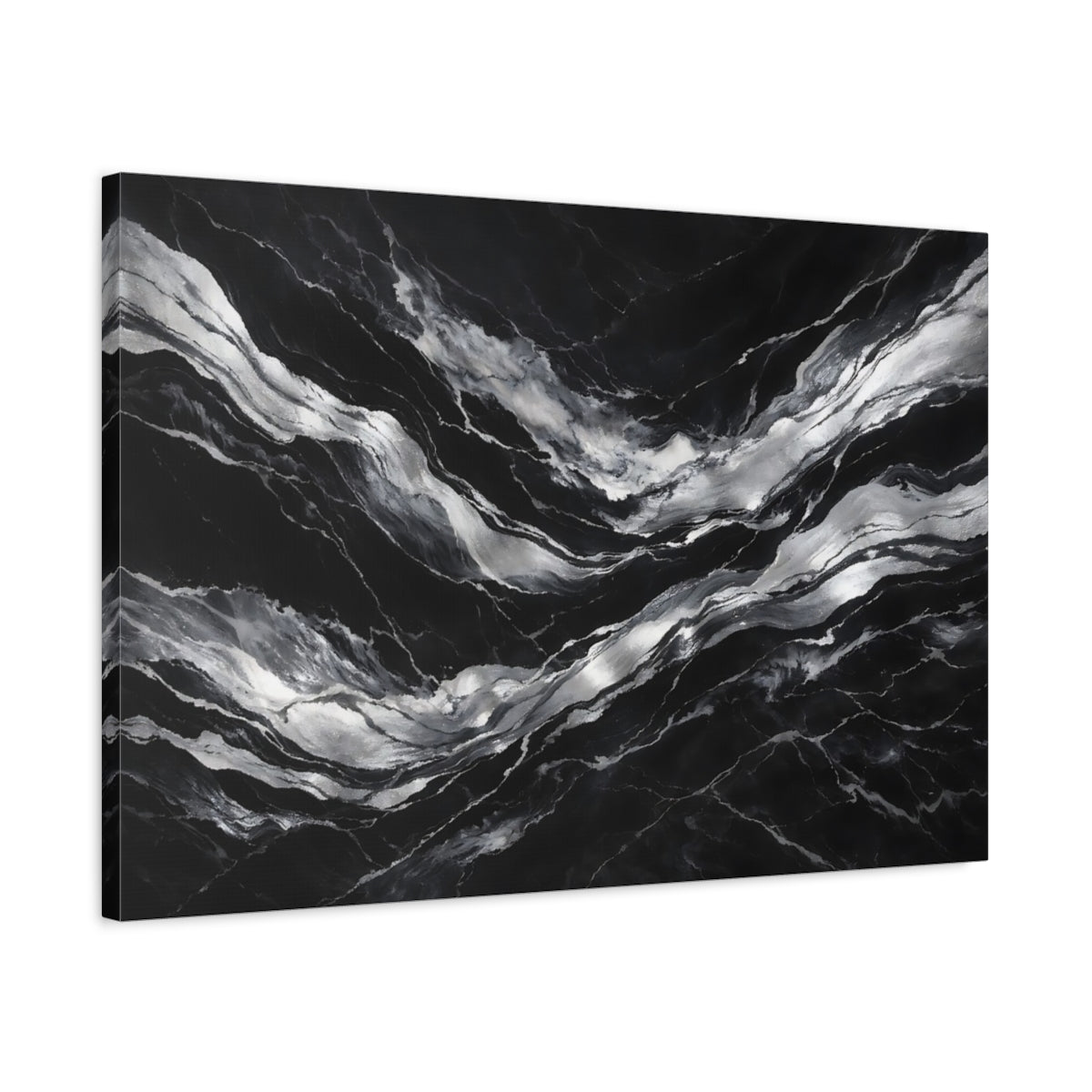 Side Mockup 2. Abstract Marble Veins Black And Silver shown as stretched canvas wall art