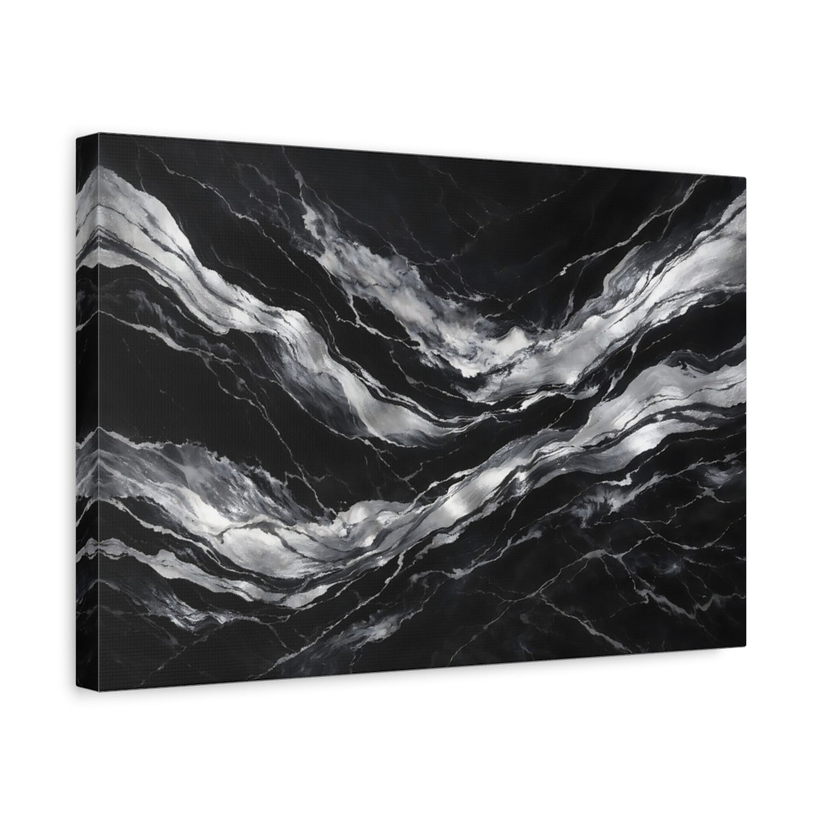 Side Mockup 4. Abstract Marble Veins Black And Silver shown as stretched canvas wall art