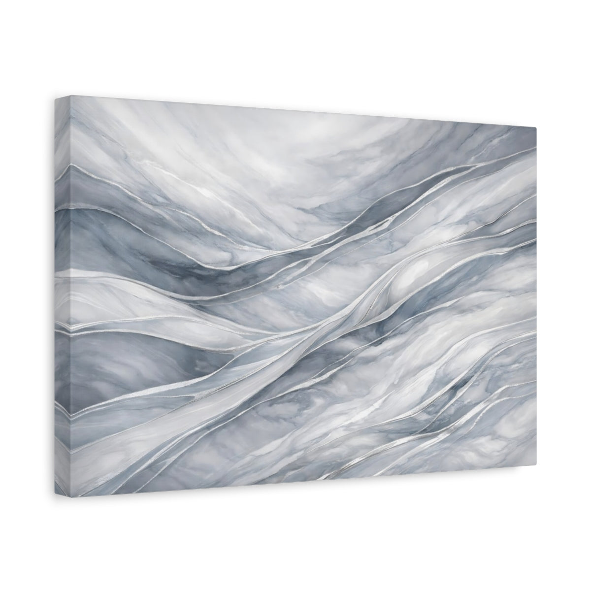 Side Mockup 4. Abstract Marble Waves Gray And Silver shown as stretched canvas wall art