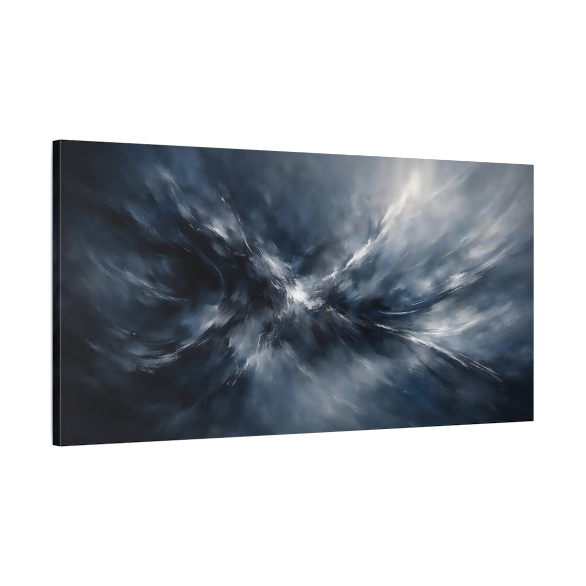 Side Mockup 1. Abstract Abstract Motion Blue Grey Abstract shown as stretched canvas wall art