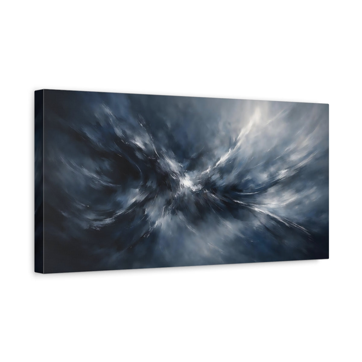 Side Mockup 3. Abstract Abstract Motion Blue Grey Abstract shown as stretched canvas wall art