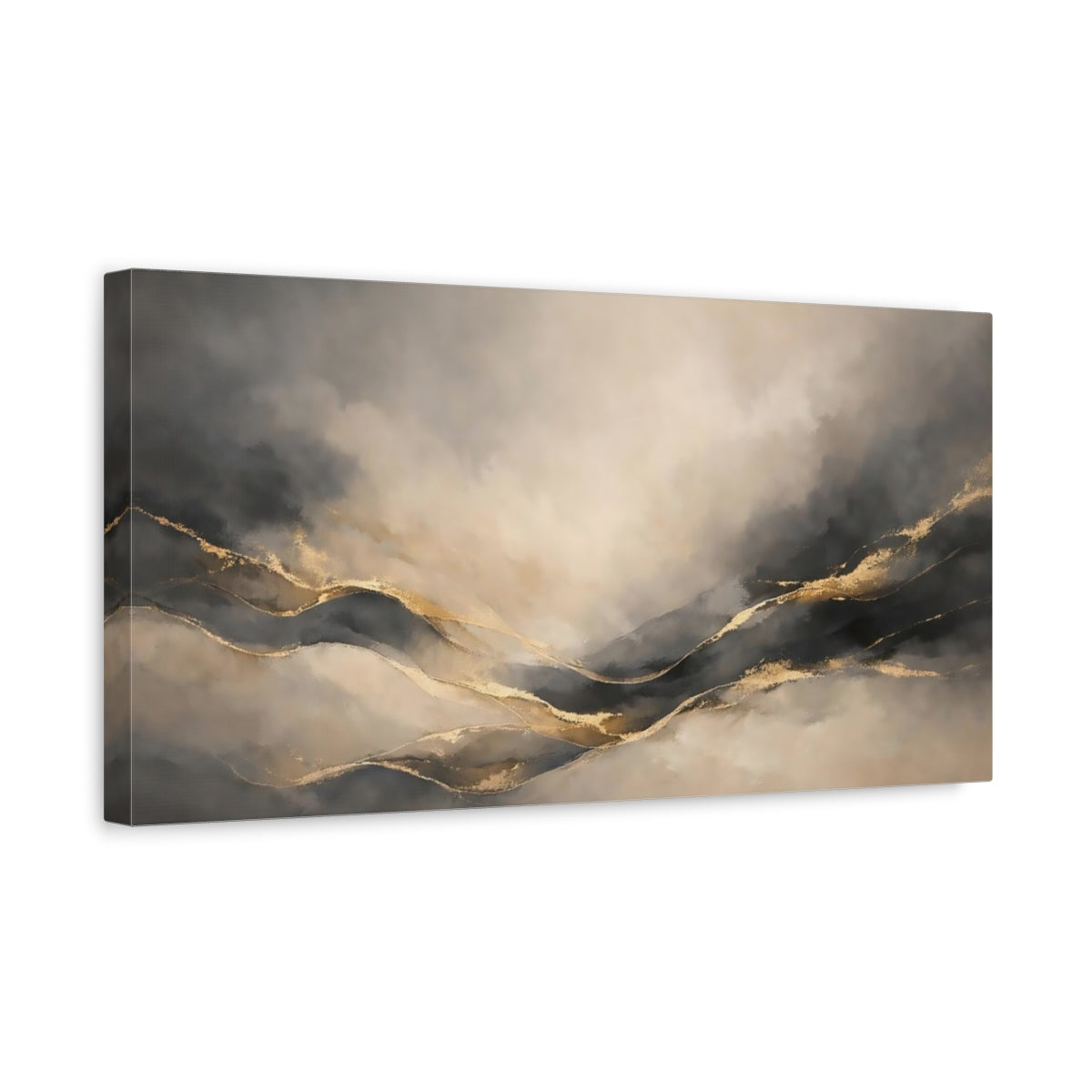 Side Mockup 3. Abstract Abstract Mountains Gray And Gold shown as stretched canvas wall art