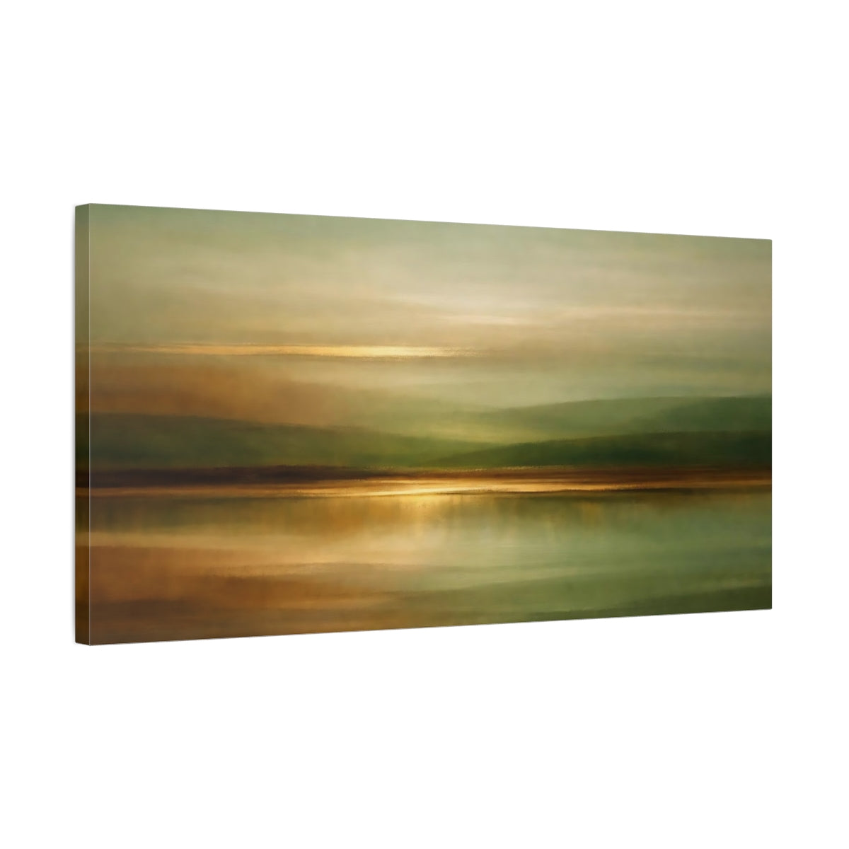 Side Mockup 2. Nature Abstract Landscape Green And Gold Abstract shown as stretched canvas wall art