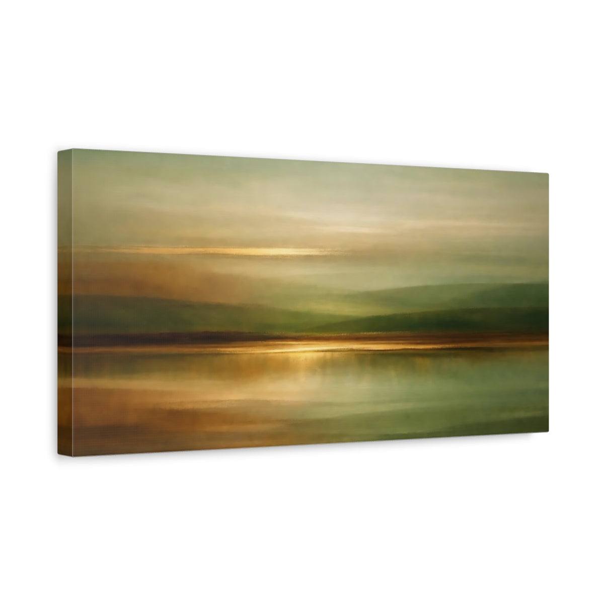 Side Mockup 3. Nature Abstract Landscape Green And Gold Abstract shown as stretched canvas wall art