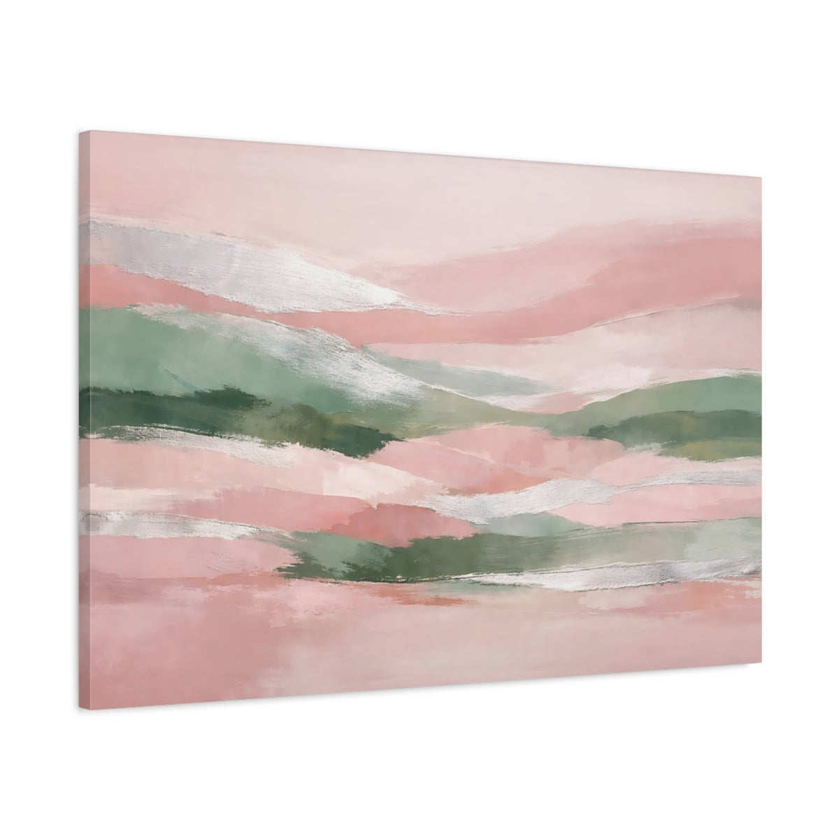 Side Mockup 1. Nature Abstract Landscape Pink Green Silver shown as stretched canvas wall art
