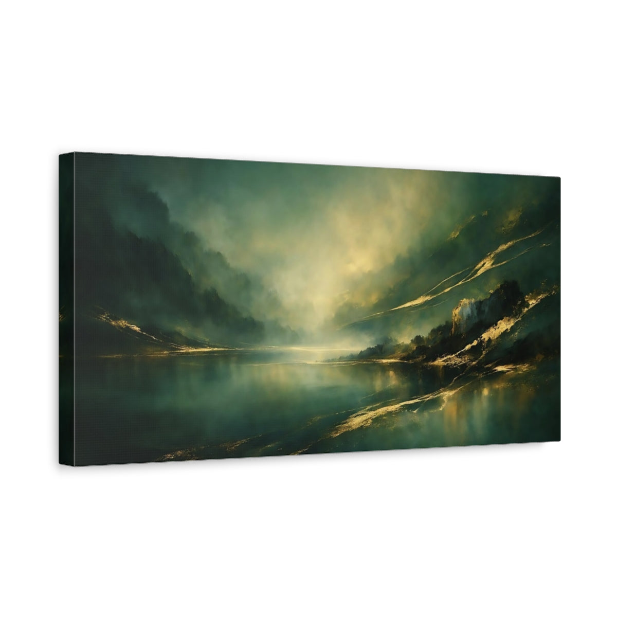 Side Mockup 3. Nature Mountain Lake Emerald Gold Landscape shown as stretched canvas wall art