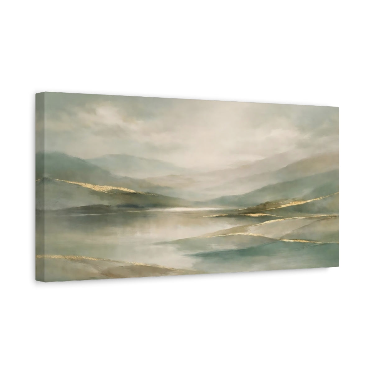 Side Mockup 3. Nature Mountain Lake Teal Gold Landscape shown as stretched canvas wall art