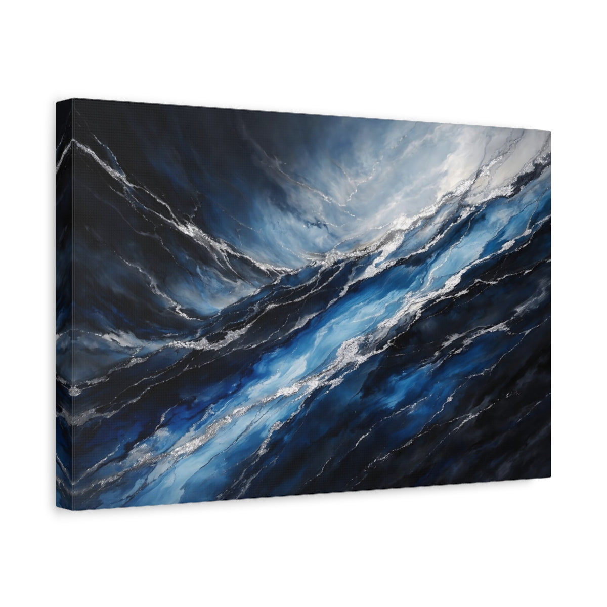 Side Mockup 4. Nature Ocean Waves Blue Silver Waves shown as stretched canvas wall art