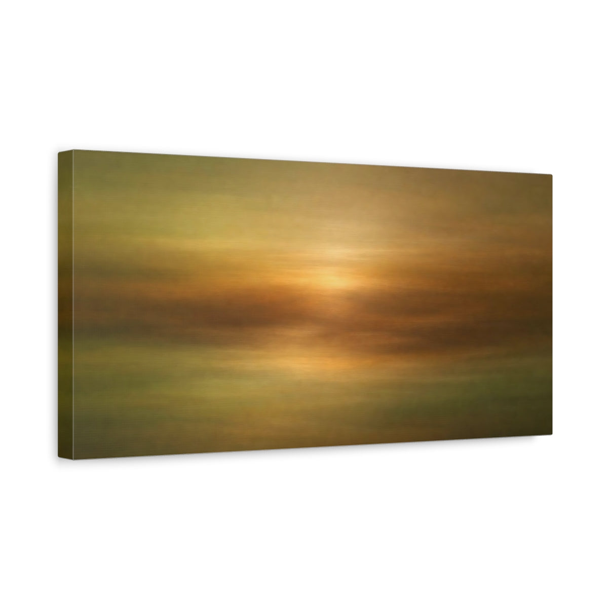 Side Mockup 3. Nature Abstract Sunset Gold And Green Abstract shown as stretched canvas wall art