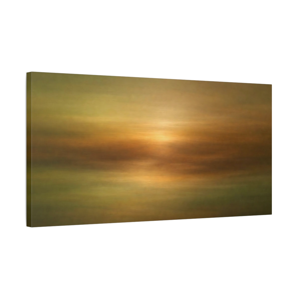 Side Mockup 2. Nature Abstract Sunset Gold And Green Abstract shown as stretched canvas wall art