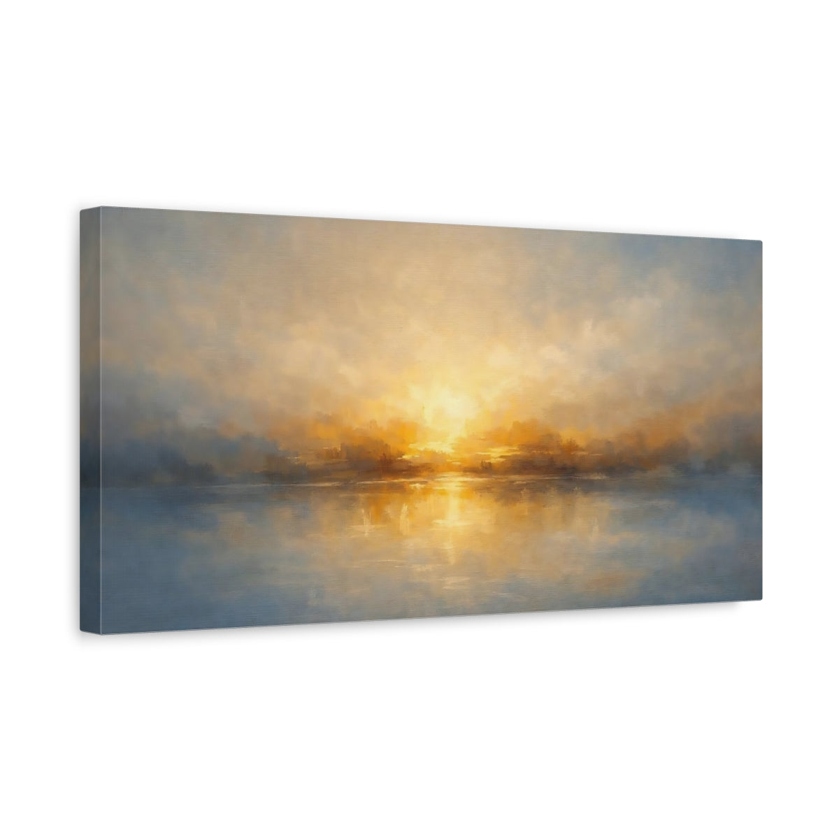 Side Mockup 3. Nature Sunset Lake Golden Sunset Waters shown as stretched canvas wall art