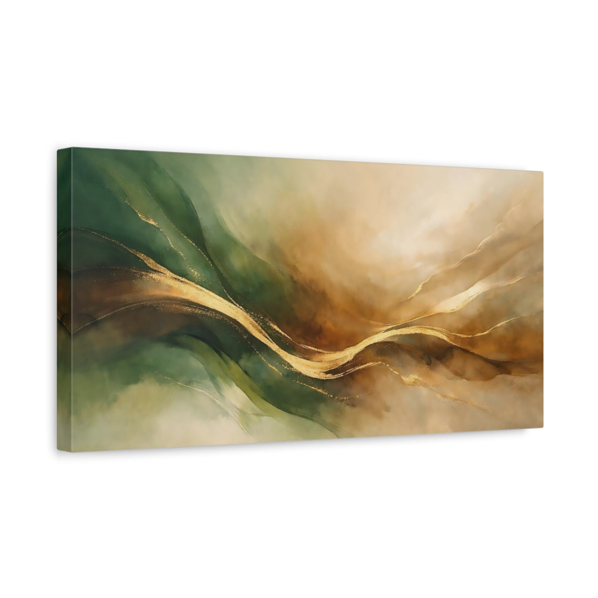 Side Mockup 3. Nature Abstract Waves Green Gold Abstract shown as stretched canvas wall art