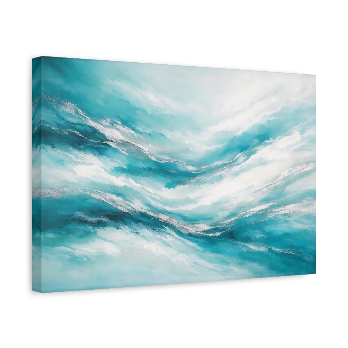 Side Mockup 4. Nature Abstract Waves Teal And Silver shown as stretched canvas wall art