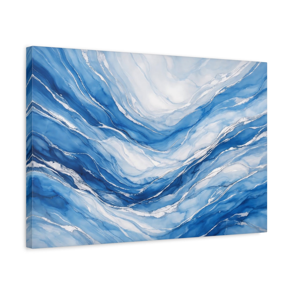 Side Mockup 3. Abstract Ocean Waves Blue And Silver shown as stretched canvas wall art