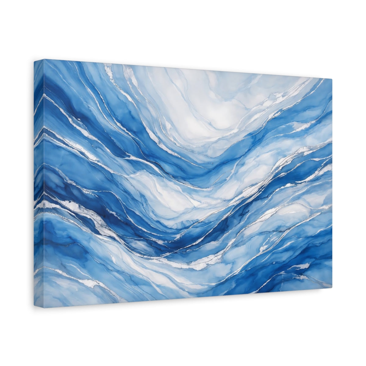 Side Mockup 4. Abstract Ocean Waves Blue And Silver shown as stretched canvas wall art