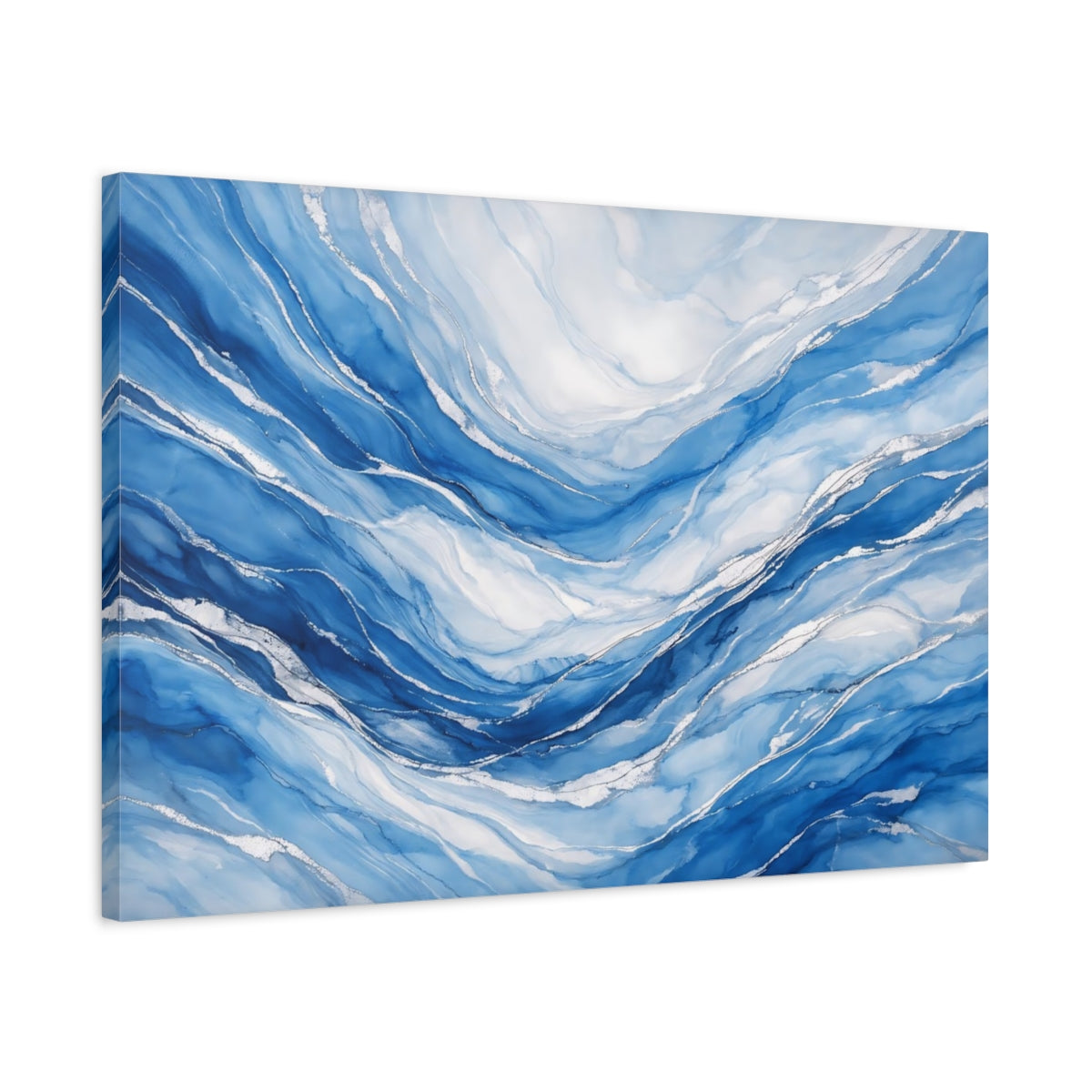Side Mockup 2. Abstract Ocean Waves Blue And Silver shown as stretched canvas wall art