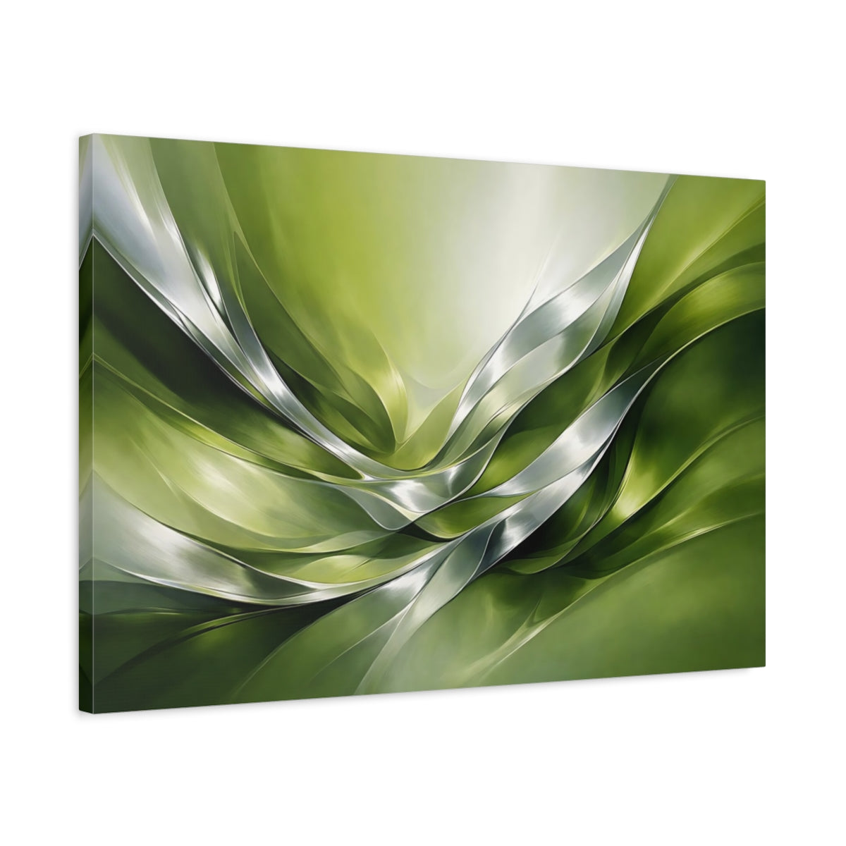 Side Mockup 2. Abstract Organic Flow Green Silver Abstract shown as stretched canvas wall art