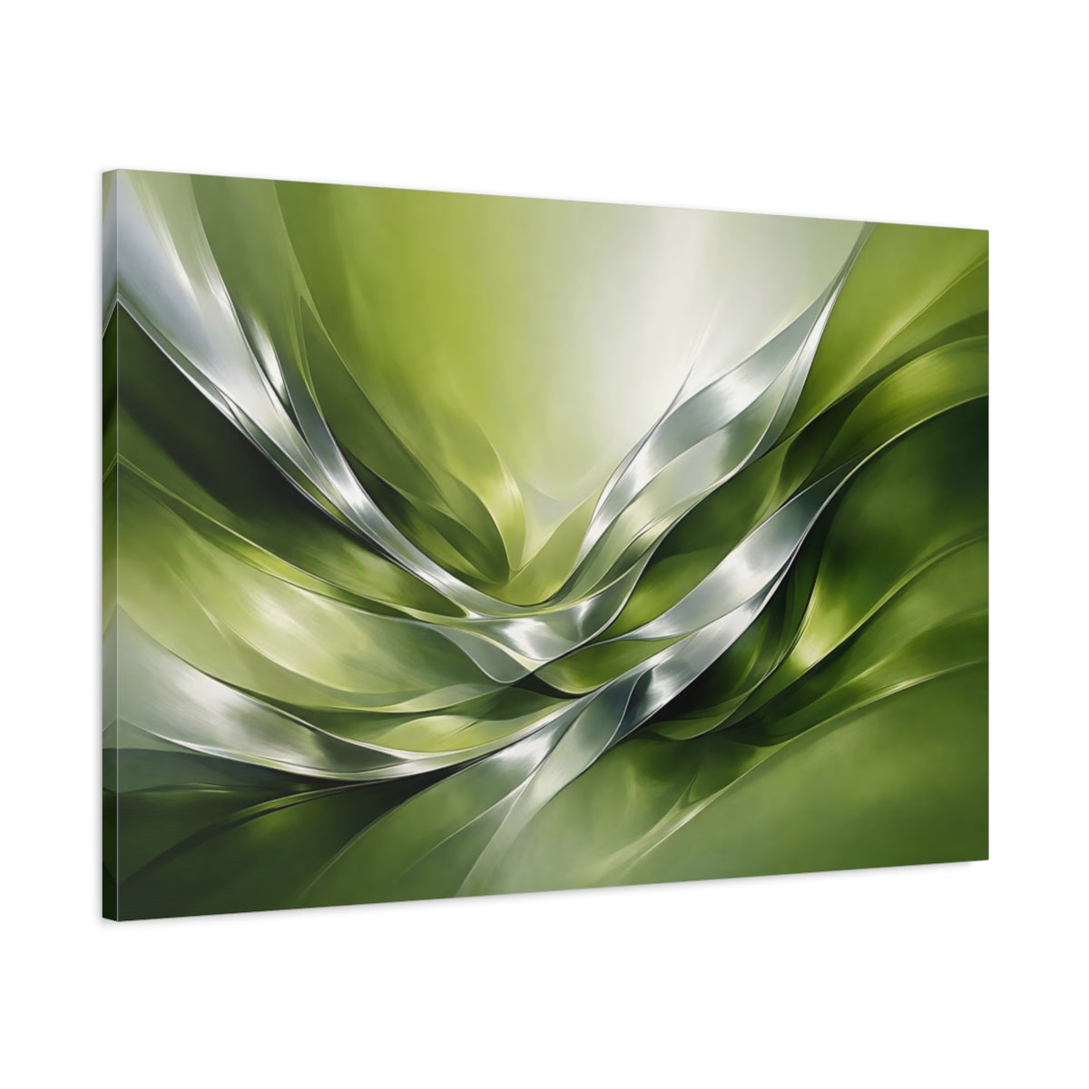 Side Mockup 1. Abstract Organic Flow Green Silver Abstract shown as stretched canvas wall art