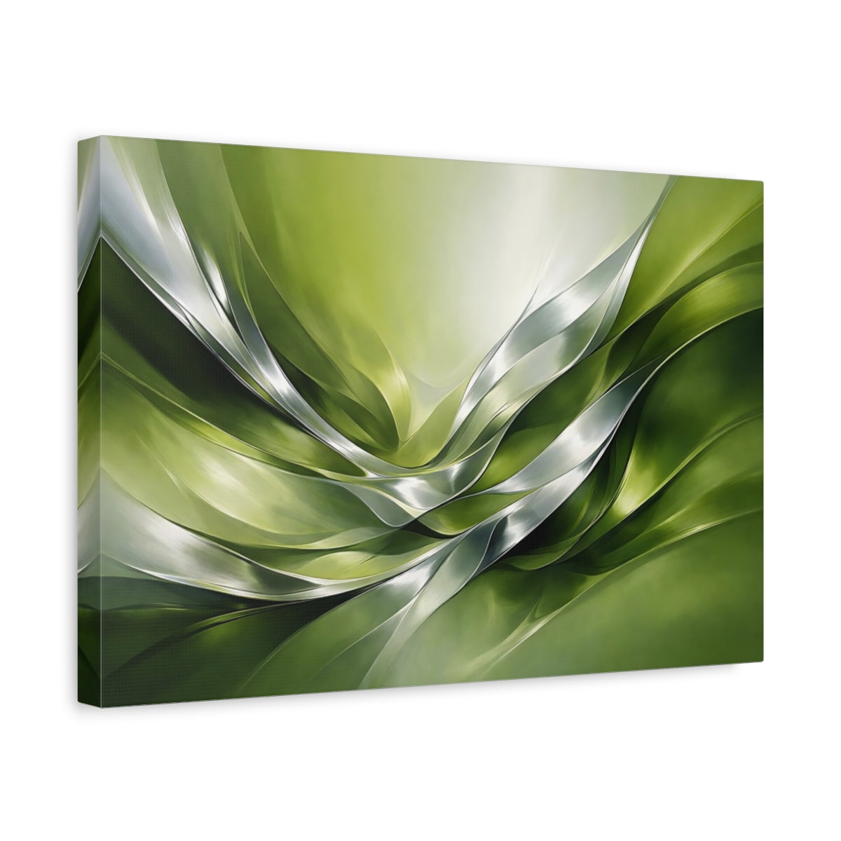 Side Mockup 4. Abstract Organic Flow Green Silver Abstract shown as stretched canvas wall art