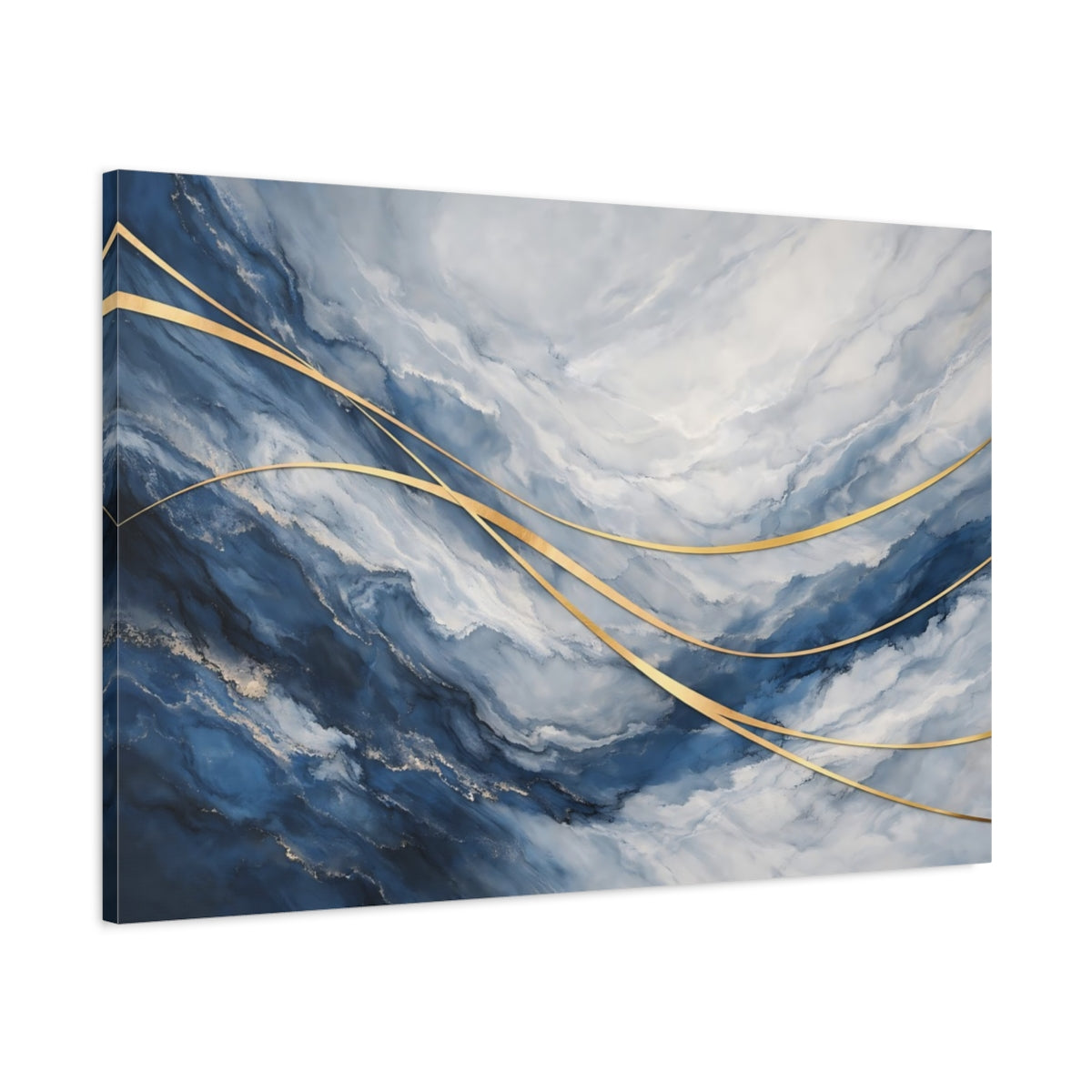 Side Mockup 1. Abstract Abstract Pattern Blue And Gold shown as stretched canvas wall art