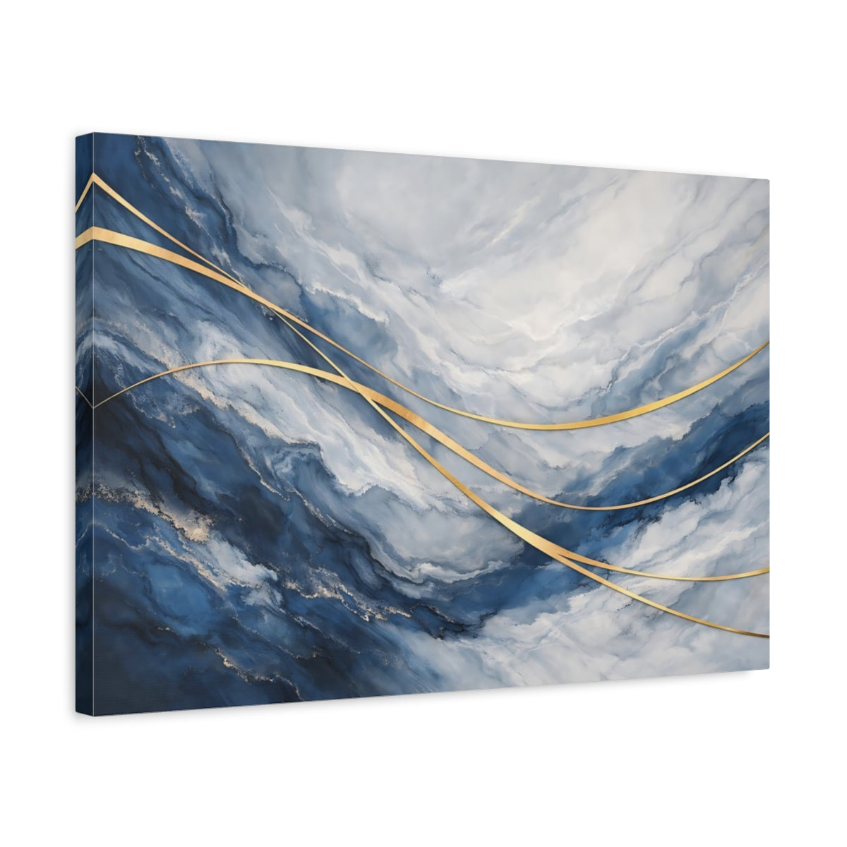 Side Mockup 3. Abstract Abstract Pattern Blue And Gold shown as stretched canvas wall art