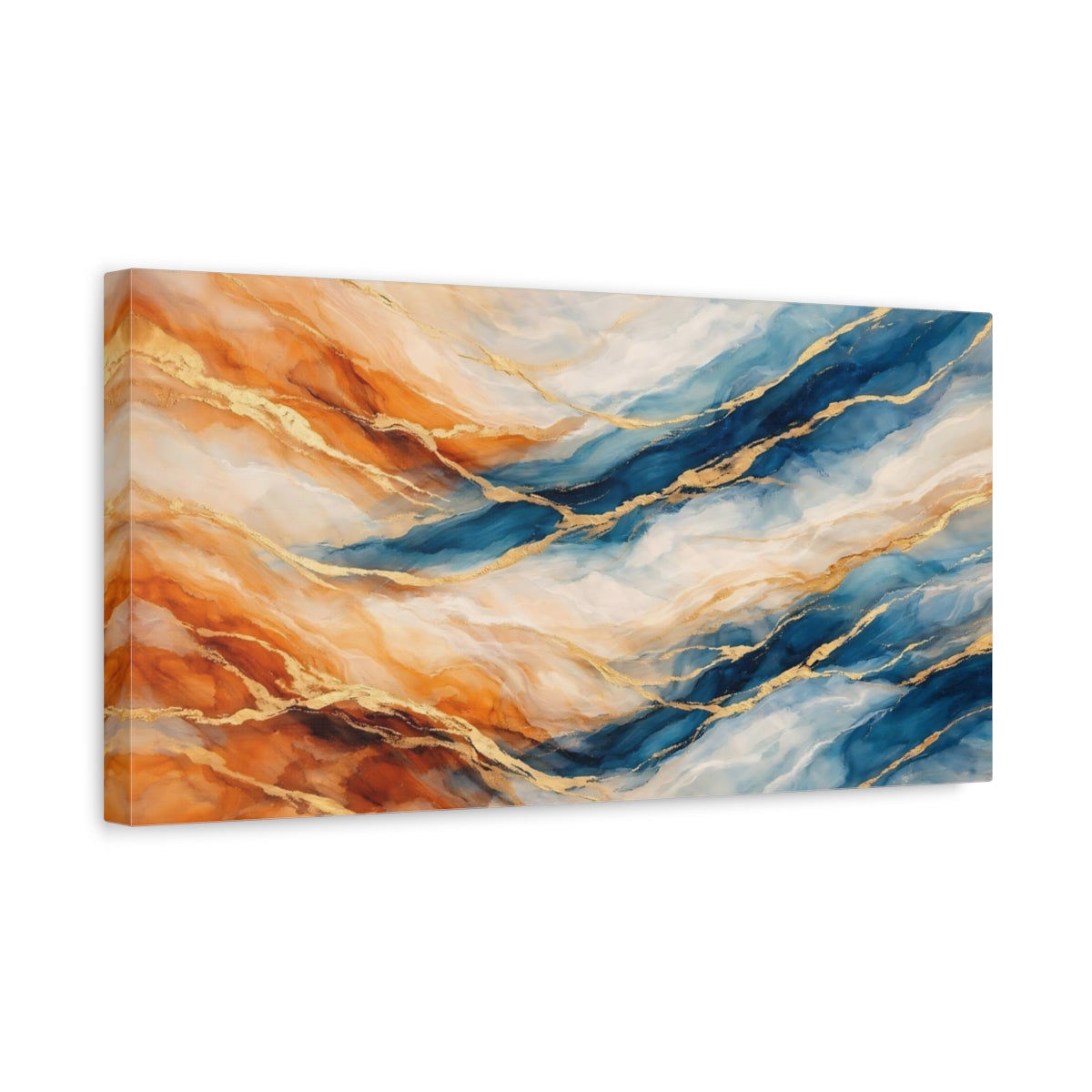 Side Mockup 3. Abstract Abstract Pattern Blue Orange Gold shown as stretched canvas wall art