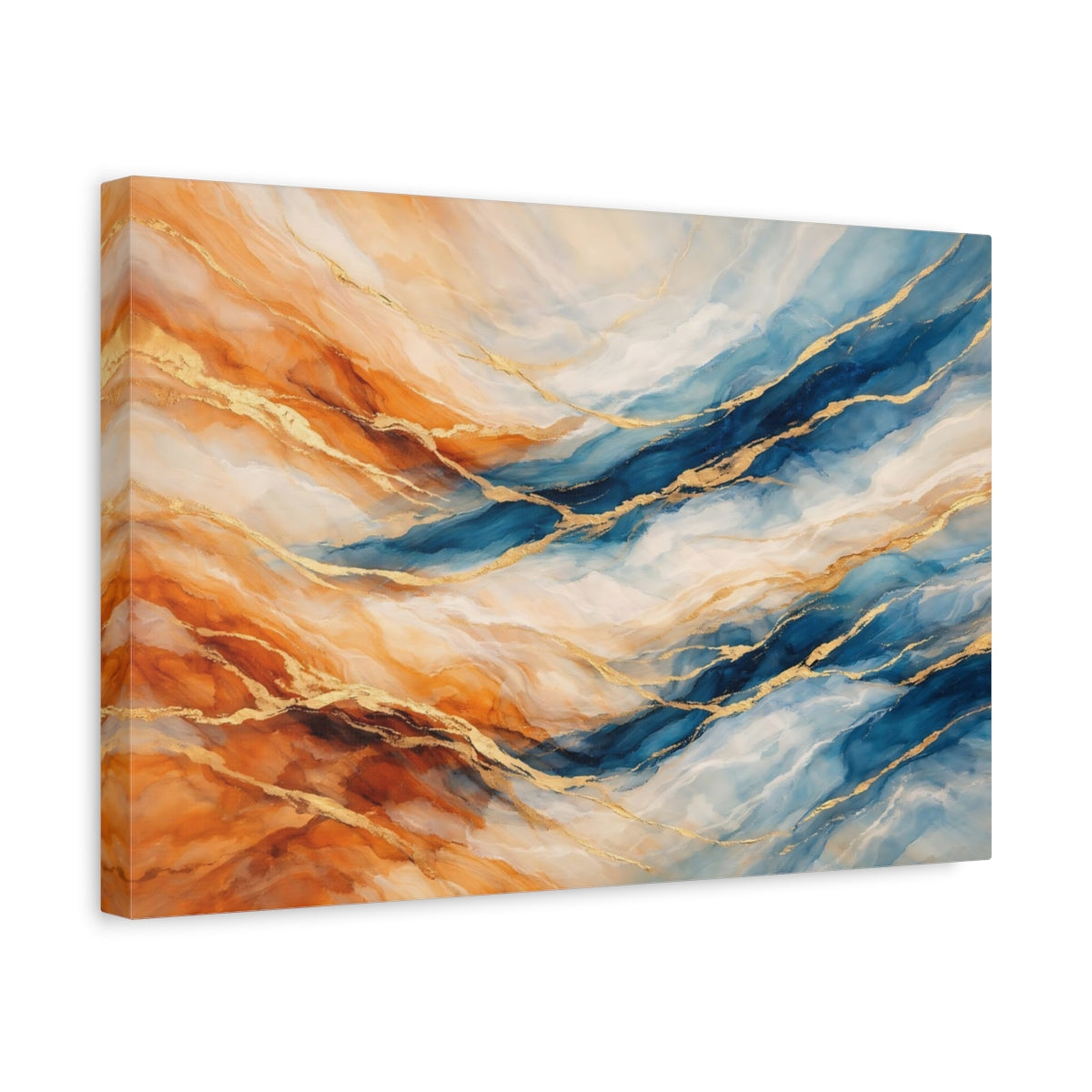 Side Mockup 4. Abstract Abstract Pattern Blue Orange Gold shown as stretched canvas wall art