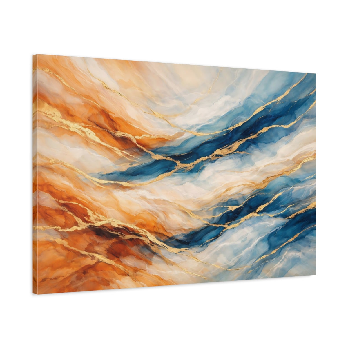 Side Mockup 1. Abstract Abstract Pattern Blue Orange Gold shown as stretched canvas wall art