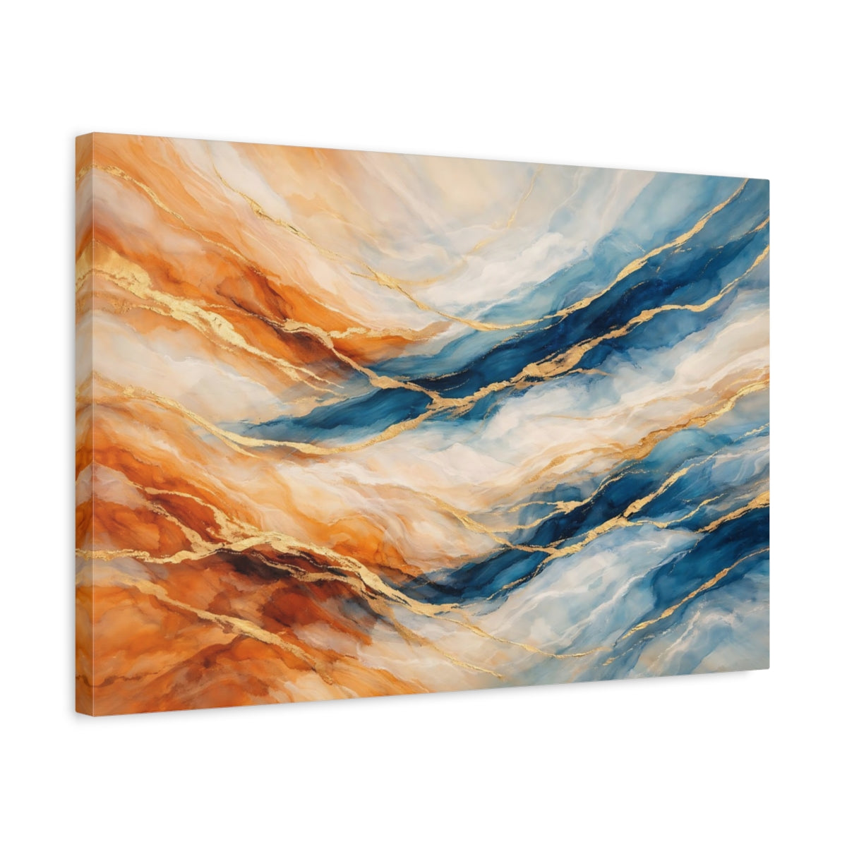 Side Mockup 3. Abstract Abstract Pattern Blue Orange Gold shown as stretched canvas wall art