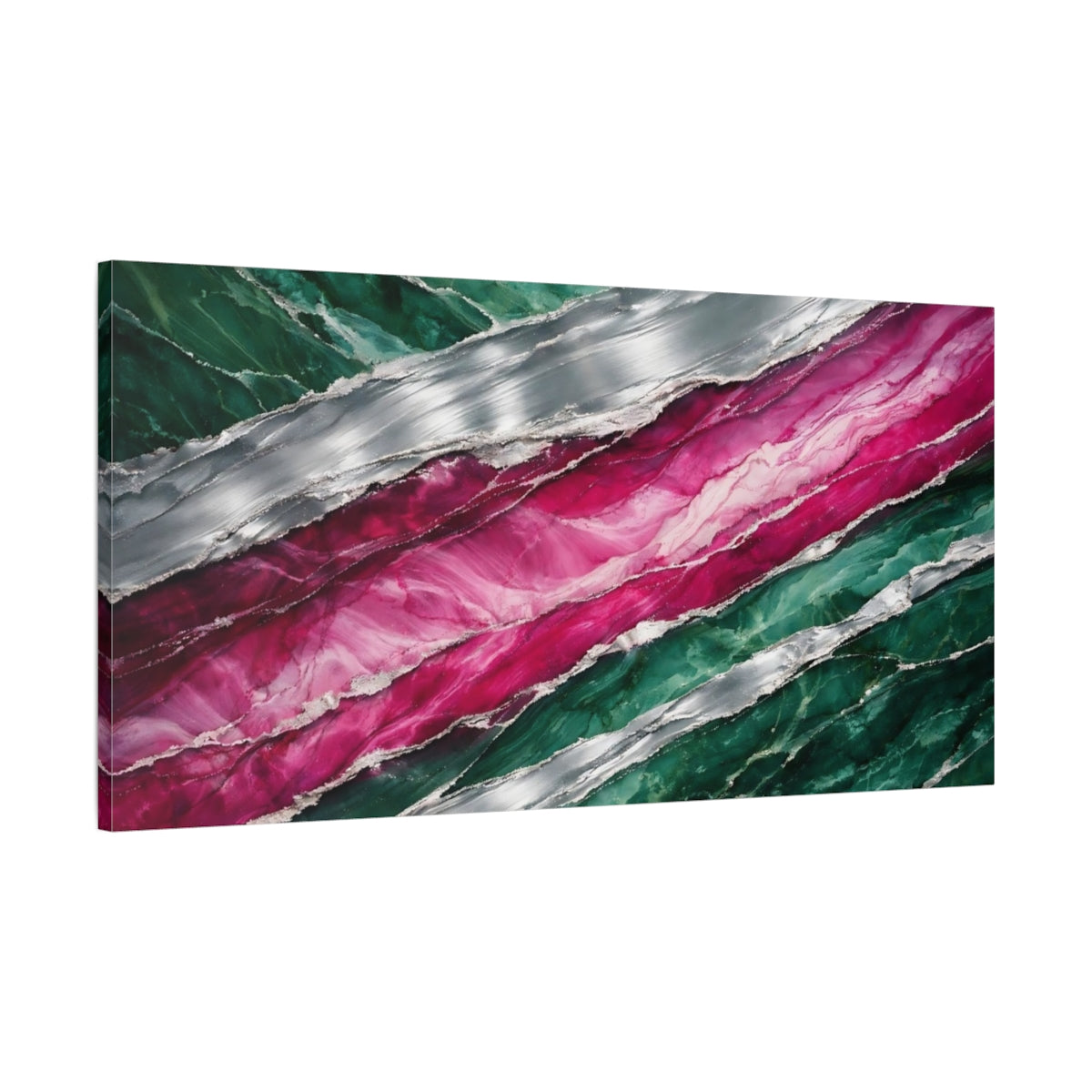 Side Mockup 1. Abstract Abstract Pattern Green Pink Silver shown as stretched canvas wall art