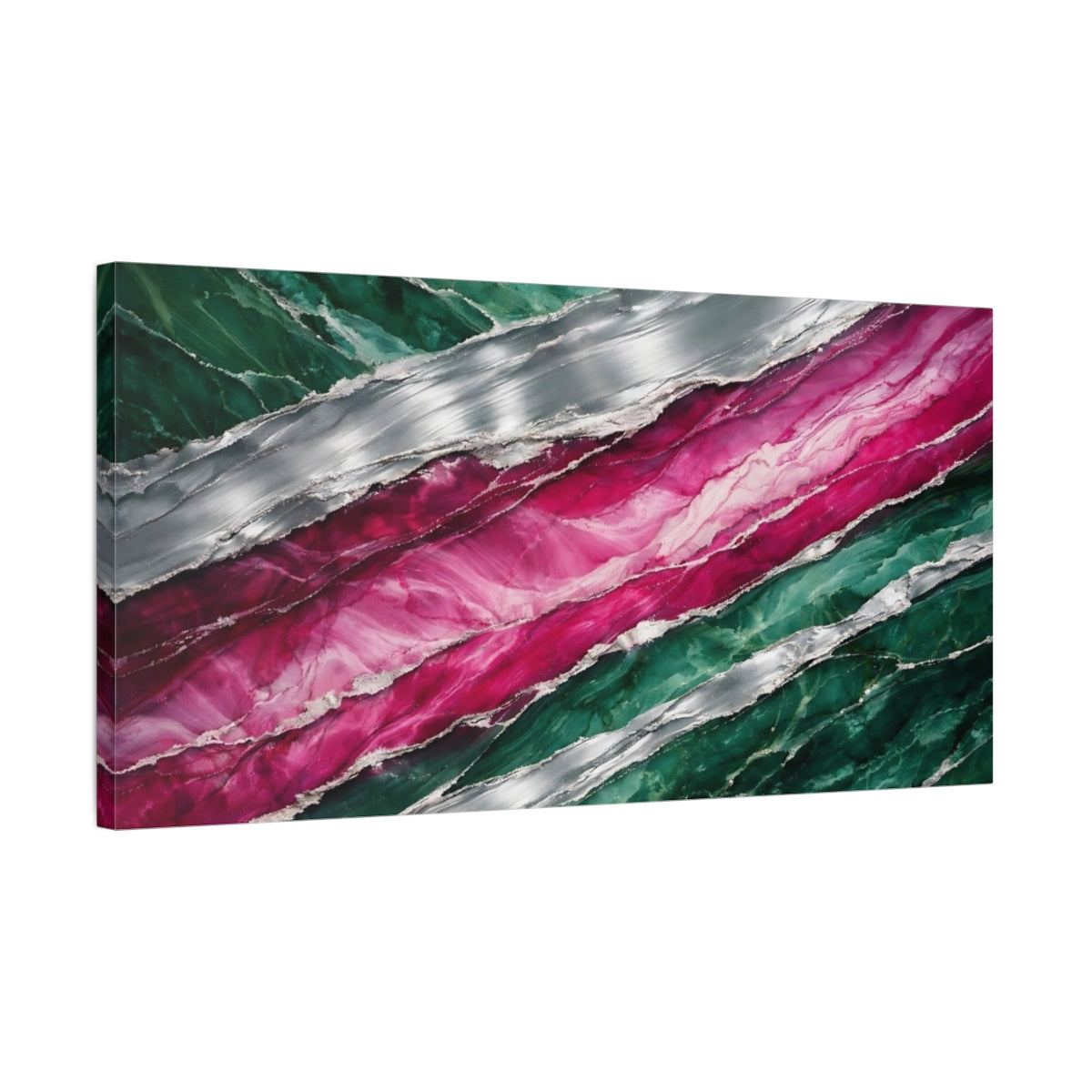 Side Mockup 2. Abstract Abstract Pattern Green Pink Silver shown as stretched canvas wall art